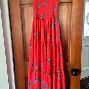 Jaase Women's Maxi Red Floral Smocked Size Medium Boho Summer Beach Vacation EUC